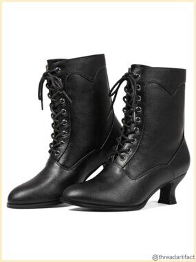 Victorian Ankle Boots Women Vintage Renaissance Witch Block Heel PU